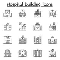 Krankenhausgebäude-Ikone im dünnen Linienstil gesetzt