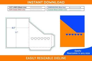 ficka kuvert 8,5x11 tum Död linje mall med hjärta form transparent fönster skära låda Död linje och 3d låda vektor