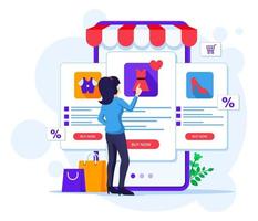 online shopping koncept, en kvinna väljer och köper produkter i online-mobilapplikationen butik vektorillustration