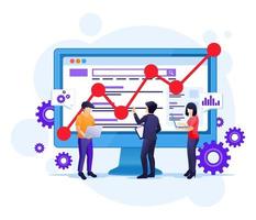 SEO-Analyse-Konzept mit Menschen arbeiten auf dem Bildschirm. Illustration für Suchmaschinenoptimierung, Marketing und Strategien vektor