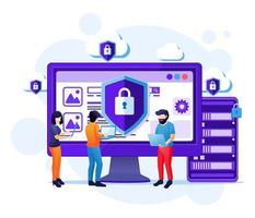 cybersäkerhetskoncept, människor arbetar på skärmen och skyddar data och konfidentialitet vektor