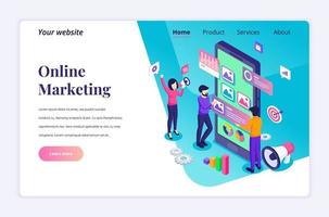 isometrisches Landingpage-Designkonzept des digitalen Marketings, Personenzeichen arbeiten in der Nähe eines riesigen Smartphones und eines Inhaltstextplatzes. Vektorillustration vektor