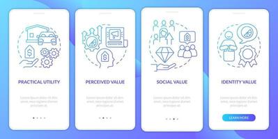 Produkt Werte Blau Gradient Onboarding Handy, Mobiltelefon App Bildschirm. Geschäft Komplettlösung 4 Schritte Grafik Anleitung mit linear Konzepte. ui, ux, gui Vorlage vektor