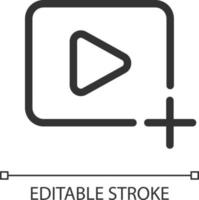 Lägg till video fil pixel perfekt linjär ui ikon. importera visuell innehåll. ladda upp media fil. gui, ux design. översikt isolerat användare gränssnitt element för app och webb. redigerbar stroke vektor