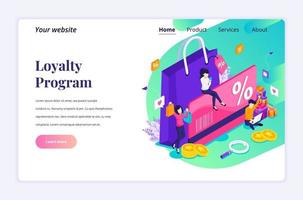 isometrisches Landingpage-Designkonzept des Loyalty-Marketing-Programms mit Charakter-, Rabatt- und Loyalty-Karte, Prämienkartenpunkten und Boni. Vektorillustration vektor