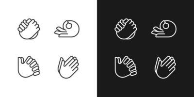 Gesten Kommunikation Pixel perfekt Weiß linear Symbol zum dunkel Themen einstellen zum dunkel, Licht Modus. Hand Position Signale. dünn Linie Symbole zum Nacht, Tag Thema. isoliert Illustrationen. editierbar Schlaganfall vektor