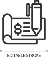 Scheckheft Pixel perfekt linear Symbol. prüfen Blatt. finanziell dokumentieren. verhandelbar Instrument. dünn Linie Illustration. Kontur Symbol. Vektor Gliederung Zeichnung. editierbar Schlaganfall