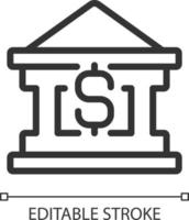 Bank Gebäude Pixel perfekt linear Symbol. Finanzierung Geschäft. leihen Geld. persönlich Darlehen. Kasse braucht. dünn Linie Illustration. Kontur Symbol. Vektor Gliederung Zeichnung. editierbar Schlaganfall