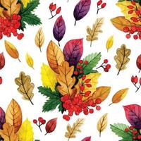 vattenfärg teckning. sömlös mönster med höst torr löv och bär. gul och röd löv, höst bukett vektor