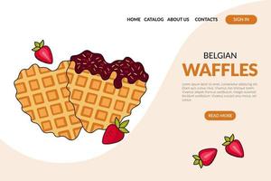 Netz Seite mit Belgier Waffeln. traditionell Nachtisch. Frühstück, Fastfood. Banner, Webseite, Werbung, Speisekarte. Vektor Illustration im Gekritzel Stil