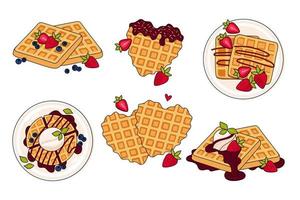 einstellen von anders Belgier Waffeln. Vektor Illustration im Gekritzel Stil. gesund Essen, Kochen, Frühstück Speisekarte, Nachtisch, Rezepte. perfekt zum Banner, Webseite, Poster, Speisekarte, Werbung.