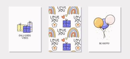 uppsättning av hälsning kort. kärlek du fras. gåvor, baloons och regnbåge. vektor bakgrund. perfekt för hälsning kort, affischer.