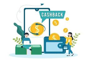 Cashback Illustration mit finanziell Zahlung zu Geld Kasse zurück Bedienung zum ein Käufer im eben Karikatur Hand gezeichnet zum Landung Seite Vorlagen vektor