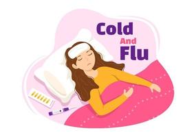 sjuk person influensa och kall sjukdom illustration med människor bär tjock kläder i platt tecknad serie hand dragen för hälsa vård landning sida mall vektor