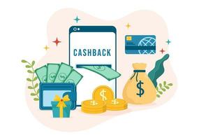 Cashback Illustration mit finanziell Zahlung zu Geld Kasse zurück Bedienung zum ein Käufer im eben Karikatur Hand gezeichnet zum Landung Seite Vorlagen vektor