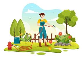 trädgårdsmästare illustration med trädgård verktyg, jordbruk, växer grönsaker i botanisk sommar trädgårdsarbete platt tecknad serie hand dragen för landning sida mallar vektor