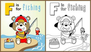 söt Björn fiske i flod, vektor tecknad serie illustration, färg sida eller bok