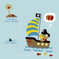 liten Björn på segelbåt gå till små ö, pirat element, vektor tecknad serie illustration