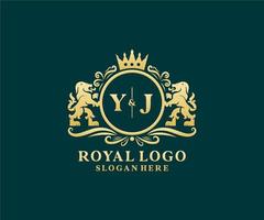första yj brev lejon kunglig lyx logotyp mall i vektor konst för restaurang, kungligheter, boutique, Kafé, hotell, heraldisk, Smycken, mode och Övrig vektor illustration.