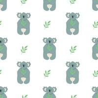 sömlösa mönster söt seriefigur koala med en kvist av gröna eukalyptusblad. vektor illustration