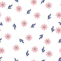 trendig blommig sömlös mönster. hand dragen tecknad serie linocut av söt blommor på en färgad bakgrund. idealisk för textilier, tyg, tapet. enkel vit små daisy med löv i vektor. vektor