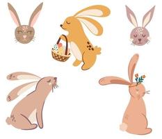 kanin kanin uppsättning. söt kaniner med blommor, korgar med ägg. idealisk för utskrift, vykort, påsk Semester. vektor ritad för hand tecknad serie illustration av söt skog karaktär.