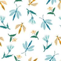 sländor och blommor sömlös mönster. botanisk, insekter bakgrund. hand dragen blommig textur för tyg, textil, digital papper. vektor tecknad serie illustration