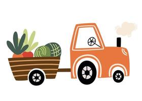 jordbruks maskin med skörda. vagn med grönsaker, kål och lök. Arbetar på lantbruk fält, odla. odling av agro plantager i landsbygden. platt vektor illustration