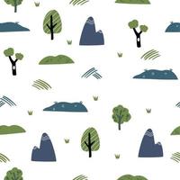 Bäume, Berge und Pflanzen nahtlos Muster. Hand zeichnen Landschaft Hintergrund. kreativ Kinder Textur zum Stoff, Verpackung, Textil, Hintergrund, Kleidung. Vektor Karikatur Illustration