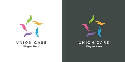 union gemenskap social vård logotyp design illustration. kreativ aning roterande färgad hand ikon med en ger gest. enkel platt mönster design stil vektor