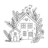 Hand gezeichnet süß Vektor Haus im Wald. wenig ländlich Zwerg Zuhause isoliert auf Weiß. Gliederung kindisch Illustration zum Färbung Buch
