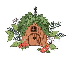 Hand gezeichnet süß Vektor klein Haus im Wald. wenig ländlich Zwerg Zuhause isoliert auf Weiß. kindisch Illustration