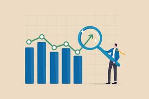 Trend Analyse, Marketing und Der Umsatz Information, analysieren oder vorhersagen Trend Linie oder profitieren, Geschäft Prognose Bericht Konzept, Geschäftsmann Analytiker analysieren Trend Graph und Diagramm mit Vergrößerung Glas. vektor