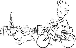 Karikatur Junge Radfahren Hund Laufen Gekritzel kawaii Anime Färbung Seite süß Illustration Clip Art Charakter Chibi Manga Comic Zeichnung Linie Kunst kostenlos herunterladen vektor