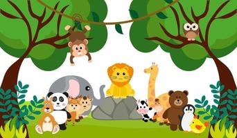 Vektor niedliche Dschungeltiere im Karikaturstil, wildes Tier, Zooentwürfe für Hintergrund, Babykleidung. handgezeichnete Zeichen