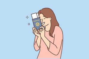 leende kvinna håll pass med biljetter upphetsad handla om resa. Lycklig kvinna redo för semester. turism och högtider. vektor illustration.