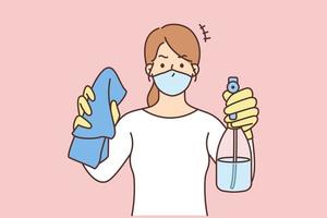 Frau im Gesicht Maske halt Waschmittel im Hände bereit zum Reinigung. weiblich Haushälterin mit Flüssigkeit und Tuch. Hauswirtschaft Konzept. Vektor Illustration.