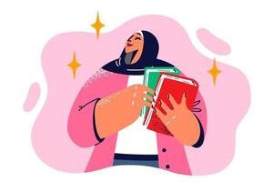 kvinna lärare i arabicum huvudbonad innehav två böcker för undervisning universitet eller högskola studenter. skön flicka studerande i muslim slöja med läroböcker för utbildning och kunskap vektor