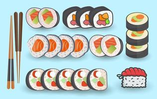 Sushi asiatisch Essen einstellen auf Himmel Hintergrund Rollen und Vektor Illustration. Prämie Vektor. kreativ Hallo Qualität einzigartig Sushi Abbildungen Vektor.