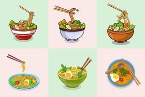 Ramen med nudel hög kvalitet premie uppsättning. utsökt asiatisk mat klämma konst med modern bakgrund. bäst kreativ nudel illustrationer vektor konst med hög kvalitet.