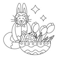 påsk söt katt med kanin öron och en tallrik med påsk ägg och blommor, tulpaner. linje konst. vektor