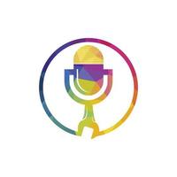 Podcast-Vektor-Logo-Design reparieren. Schraubenschlüssel und Mikrofon-Icon-Design. vektor