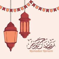 Hand gezeichnete Illustration des Ramadan Kareem oder Eid Mubarak Grußkonzepts im weißen Hintergrund. vektor