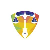 Gesetz-Logo-Vektor mit gerichtlichem Gleichgewicht symbolisch für Gerechtigkeitsskala in einer Stiftspitze. Logovektor für Recht, Gericht, Justizdienste und Firmen. vektor