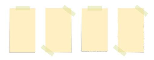 trasig gul klibbig notera vektor illustration uppsättning. tejpade kontor PM papper attrapp mall.
