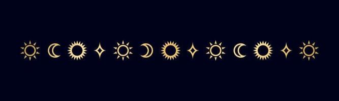 guld himmelsk separator med Sol, stjärnor, måne faser, halvmånar. utsmyckad boho mystiker delare dekorativ element vektor