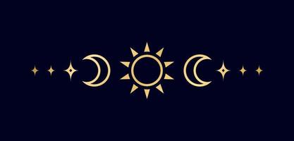 guld himmelsk text delare med Sol, stjärnor, måne faser, halvmånar. utsmyckad boho mystiker separator dekorativ element vektor