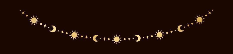 Gold Mystiker himmlisch hängend Girlande mit Sonne, Sterne, Mond Phasen, Halbmonde. aufwendig Bohemien magisch Vorhang dekorativ Element vektor