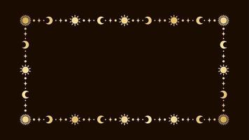 mystiker himmelsk rektangel gyllene ram med Sol, stjärnor, måne faser, halvmånar och kopia Plats. utsmyckad magisk bakgrund. vektor