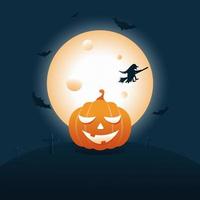 Vektor flaches Bild eines Halloween-Kürbises auf Hintergrund eines leuchtenden Mondes. Das Bild verwendet Silhouetten von Fledermäusen und Hexen.